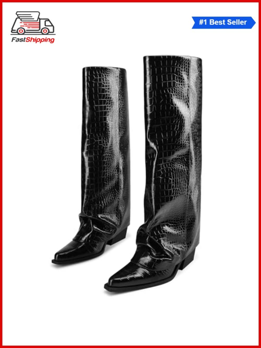 Fold Over Knee High Boots Wide Calf Chunky Heel 17in Shaft Pull-On Women's